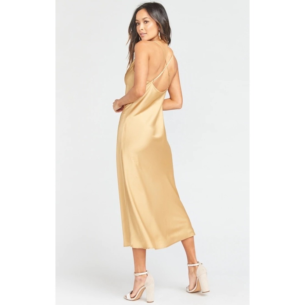 NWT Show Me Your Mumu Verona Cowl Dress True Gold Luxe Satin M - Picture 2 of 6